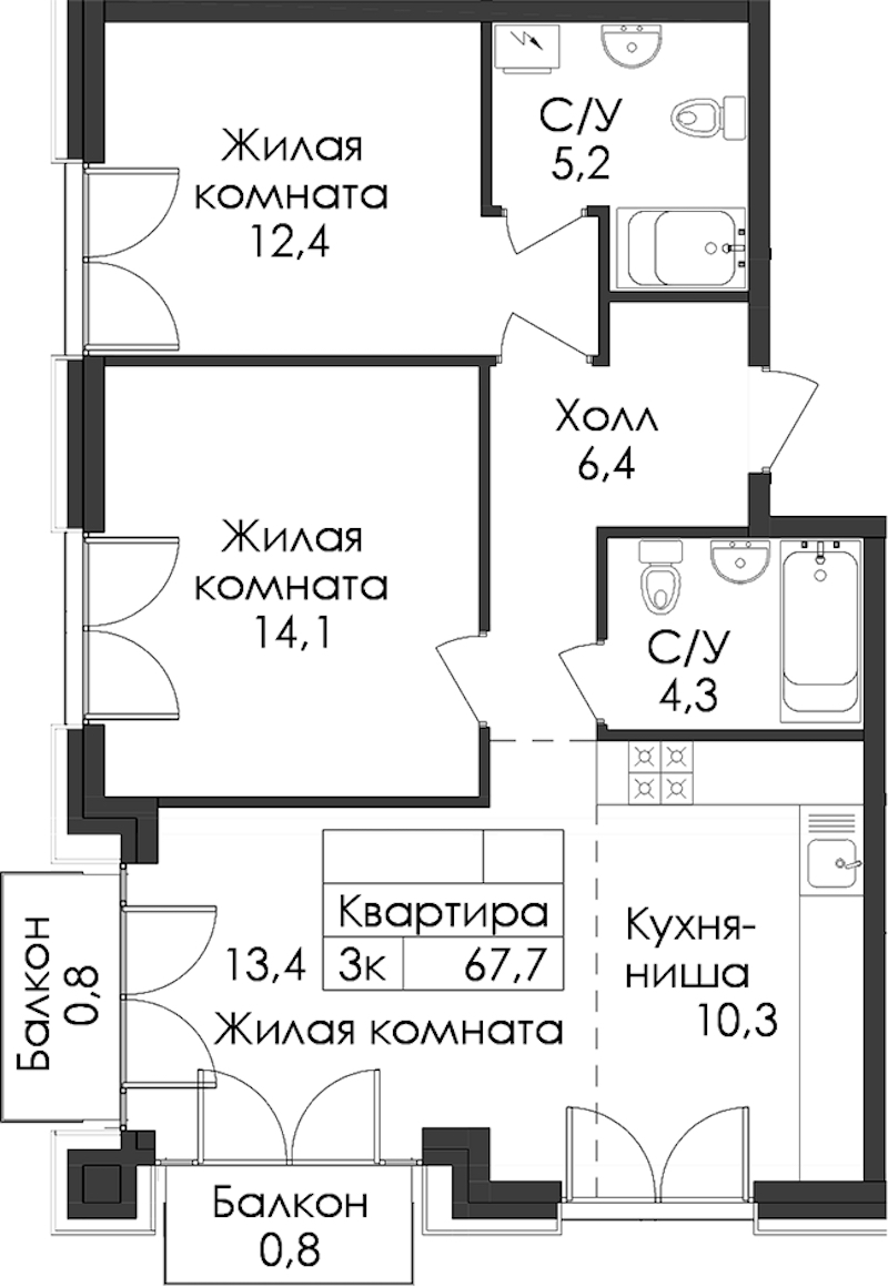 2-комнатная квартира 67.7 м², 4/9 эт., ЖК «Лермонтовский 54»